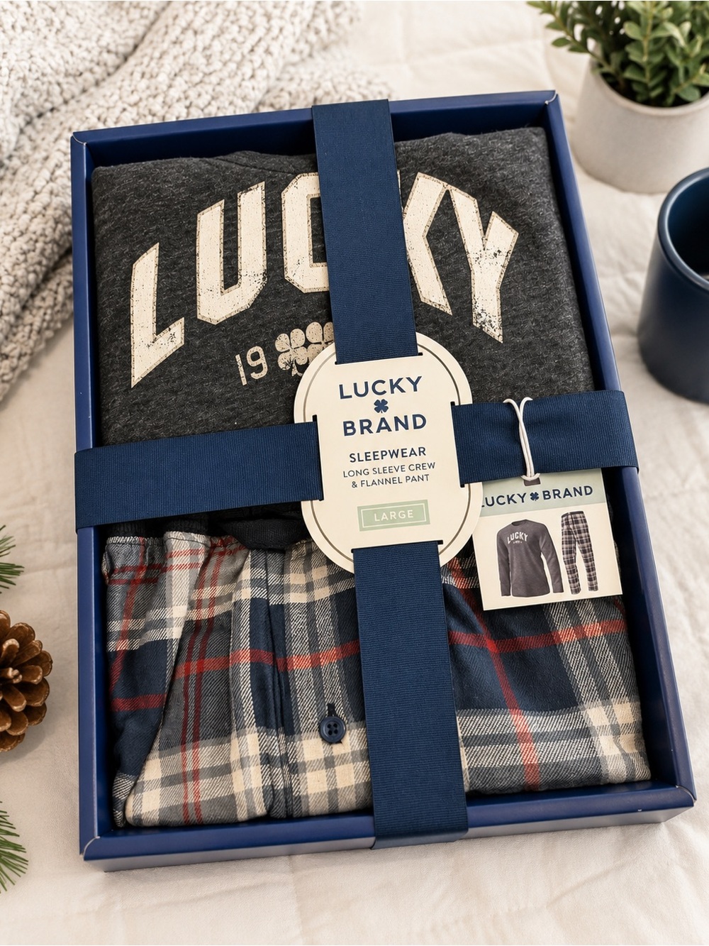Lucky Brand Men’s Navy & Gray Sleepwear Set — Long Sleeve Crew & Flannel Pant L